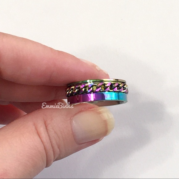 NEW SIZES 8mm Oil Slick Chain Spinner Ring Unisex Stainless Steel Roman Numerals - Picture 12 of 16